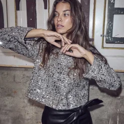 Co Couture BoucleCC Sequin Cocktail Jacket WhiteBlack