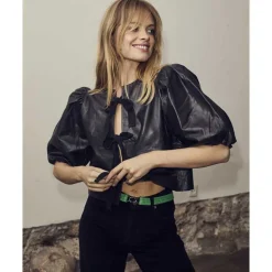 Co Couture PhoebeCC Leather Bow Blouse Black