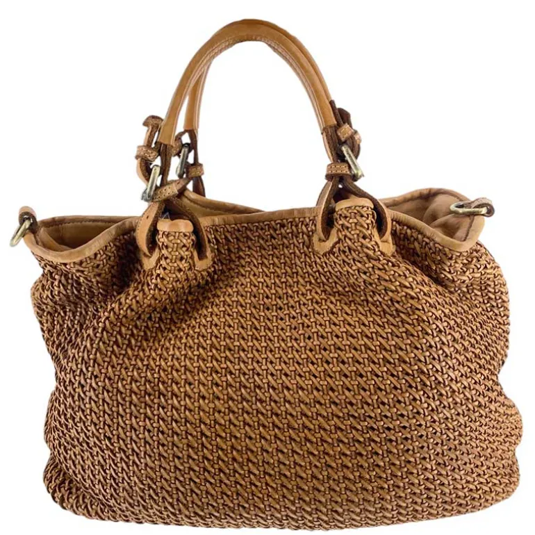 J By J Large Braided Leather Bag Brown