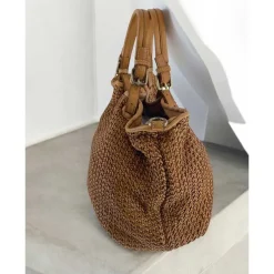 J By J Large Braided Leather Bag Brown