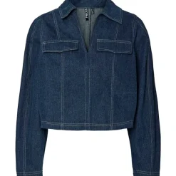 Pieces PCFabia LS V-Neck Denim Top Dark Blue Denim