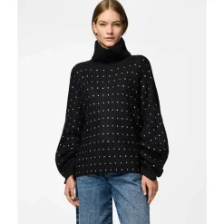 Pieces PCRayney LS Turtleneck Knit Black Rhinestones