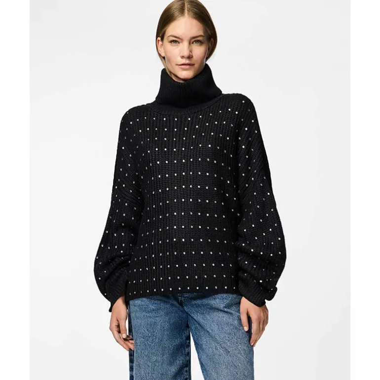 Pieces PCRayney LS Turtleneck Knit Black Rhinestones