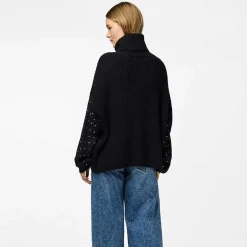 Pieces PCRayney LS Turtleneck Knit Black Rhinestones